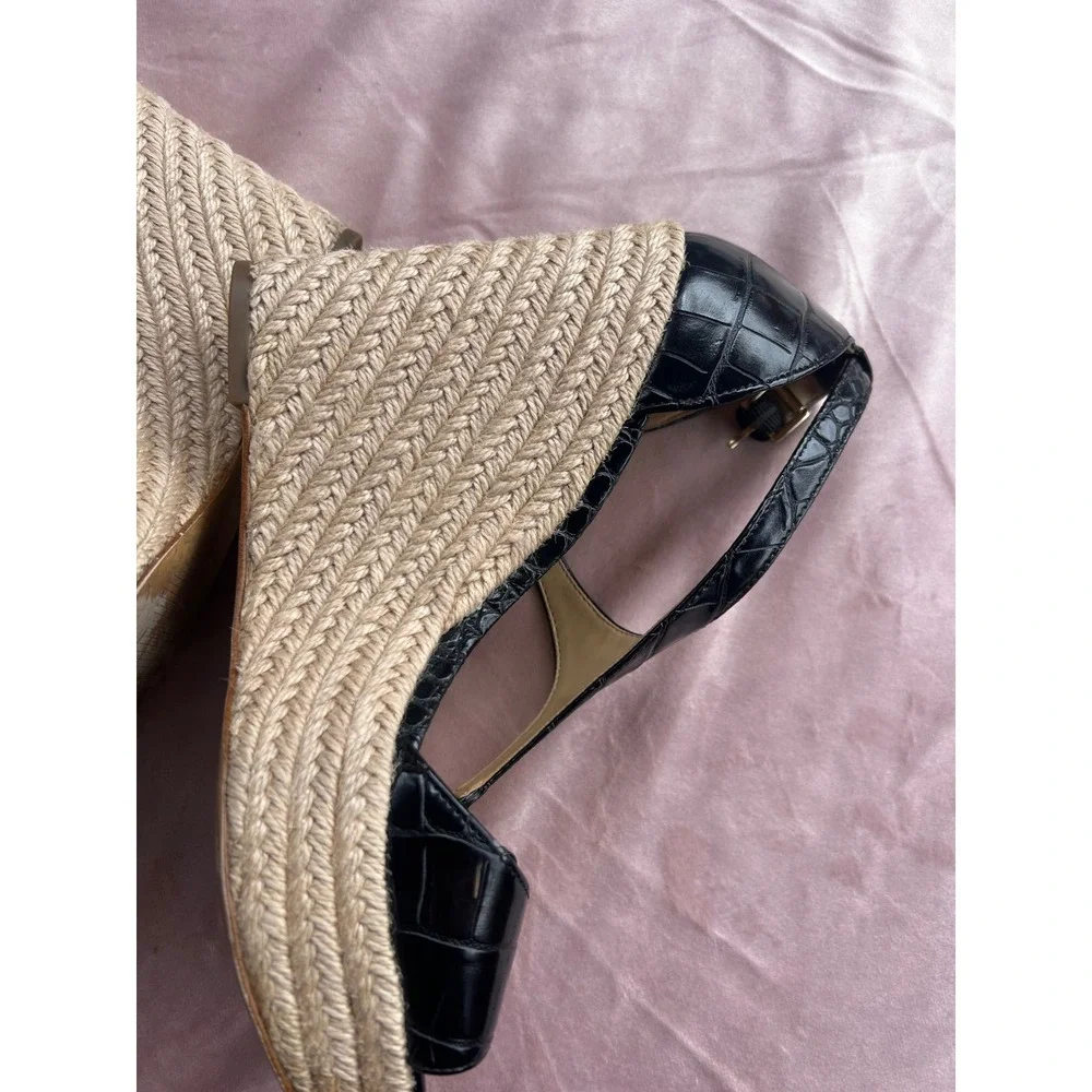 Michael Kors Espadrille Wedge Women's Size 9.5 Black Good Croc-Embossed T-Strap